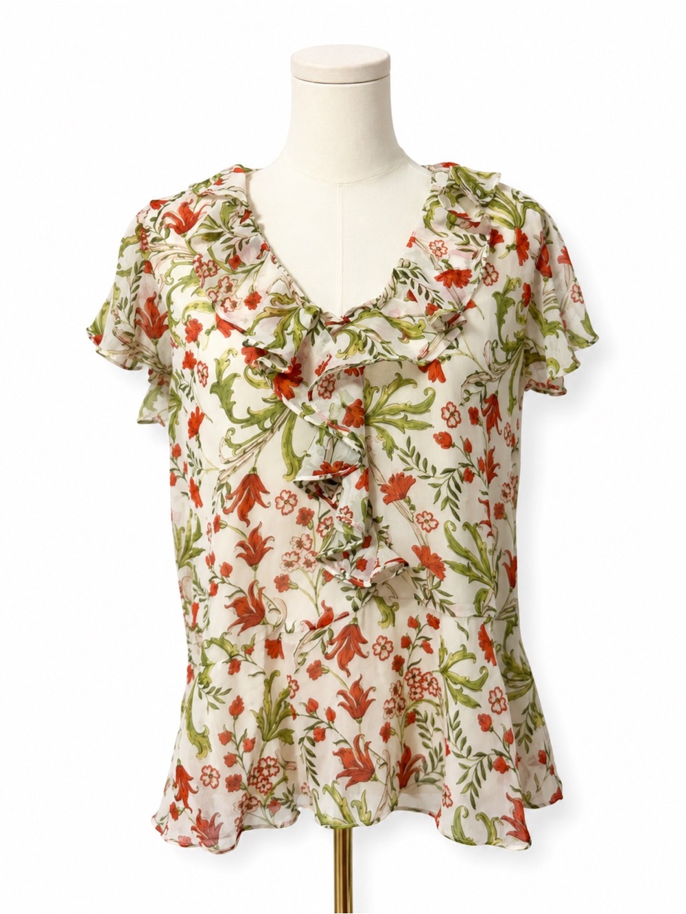 CeCe Cream Blouse with Green & Red Floral Ruffle Neck